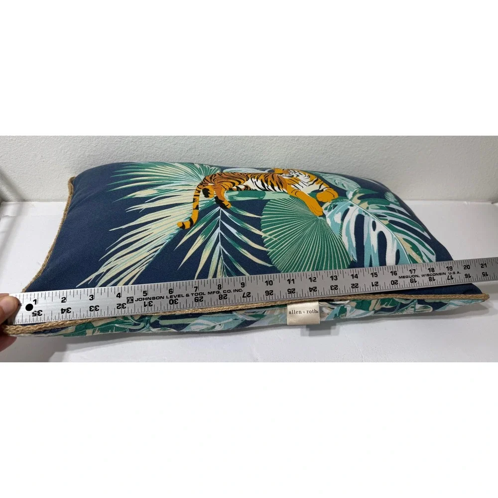 Allen + Roth Bengal Tiger Tropical Palm Lumbar Pillow Navy Blue Jute Trim 20x11